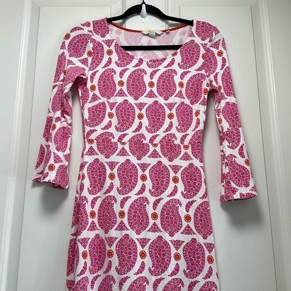 BODEN Miriam Pink Paisley Print, 3/4 Bell Sleeve Jersey Dress Sz 4L